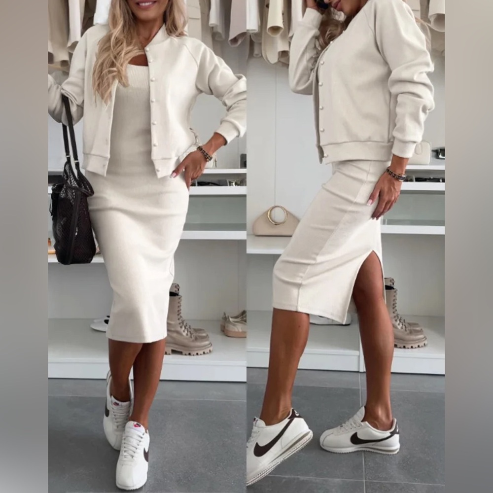 Elegant Cream Women's 2 Piece dress and sweater set